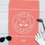 Cute Golfer Humour Golf Iron Sports Equipment Cora Golf Towel<br><div class="desc">This coral-coloured golf towel is perfect for golfers who want to add a touch of humour to their game. It features crossed golf irons with a golf ball bordered with curved text that reads “I NEED MY DAILY DOSE OF IRON!” in a fun modern white font accented with two white...</div>