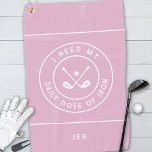 Cute Golfer Humour Golf Iron Sports Pro Girly Pink Golf Towel<br><div class="desc">Funny custom design features crossed golf irons with golf ball bordered with curved text "I NEED MY DAILY DOSE OF IRON!" in a fun modern white font accented with two white circular borders and two white stripes. You will also find a simple-to-use template for a monogrammed name, initials, or custom...</div>