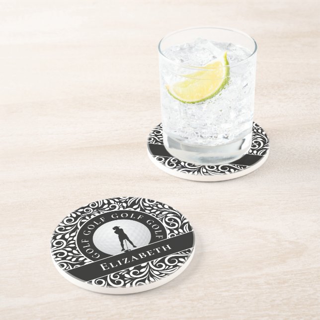 Cute Golfer Silhouette Custom Name Black & White Coaster (Side)