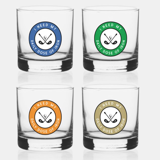 Cute Golfer Unique Gift Set Humour Golf Iron Sport Whiskey Glass (Fun Golfer Humor Golf Iron Sports Pro Royal Blue, Green, Orange & Gold Whiskey Glass Set of Four)