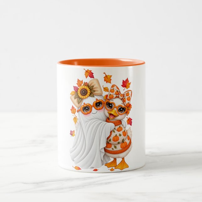 Cute Goose Besties Ghost Pumpkin Sweater Fall  Two-Tone Coffee Mug (Center)