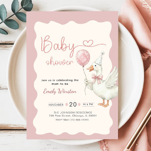 Cute Goose Duck Pink Bow Baby Shower Invitation