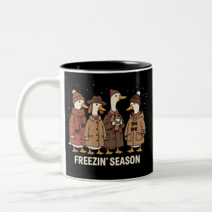Cute Goose Freezin' Season Winter Cosy Fall Duck Two-Tone Coffee Mug