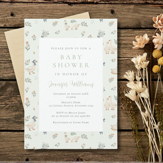 Cute Goose Sage Green Baby Shower Invitation (Creator Uploaded)
