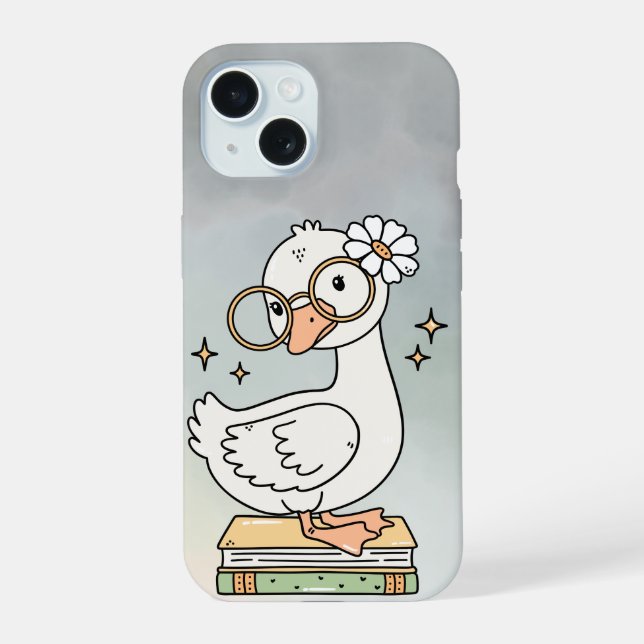 Cute Goose With Glasses Reading Books Illustration iPhone 15 Case (Back)