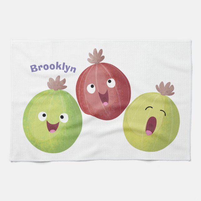 Cute gooseberry trio singing cartoon tea towel (Horizontal)