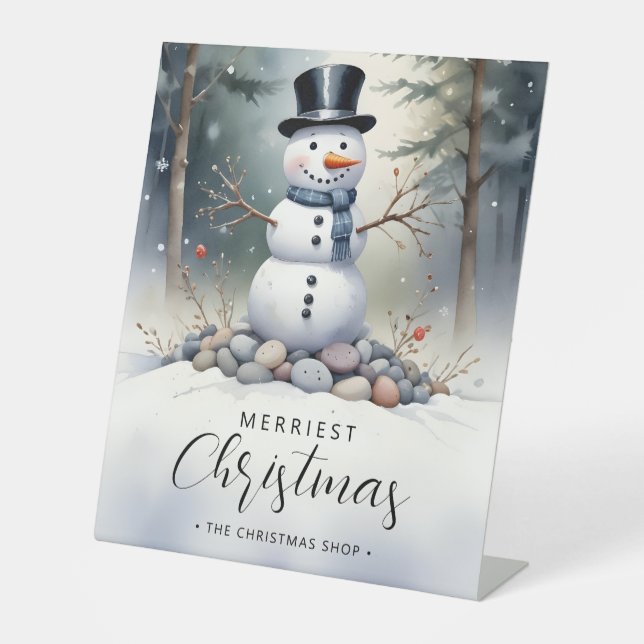 Cute Gorgeous Snowman Frosted Landscape Forest  Pedestal Sign (Front)