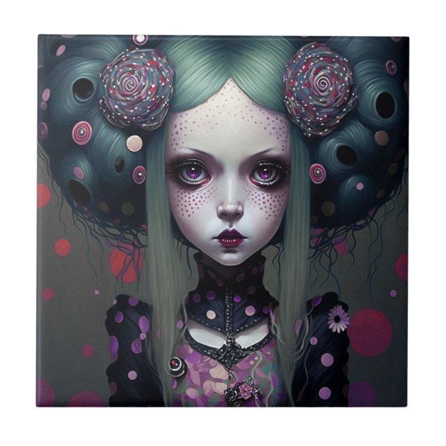 Cute Goth Girl Purple Black Fantasy Art Tile (Front)