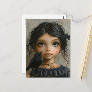 Cute Goth Girl with a Black Bird Postcard