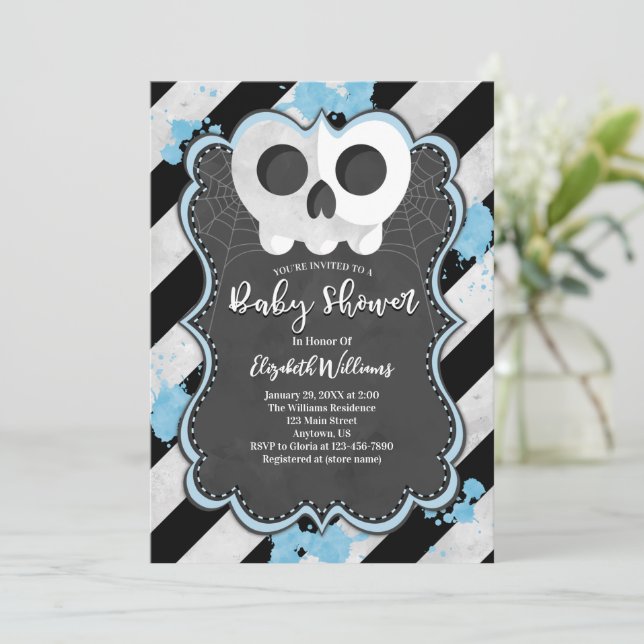 Cute Goth Punk Skull Blue Baby Shower Invitation (Standing Front)