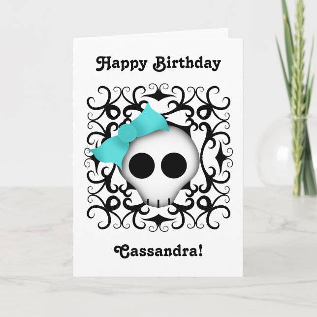 Cute Goth skull with blue bow Card (Front)