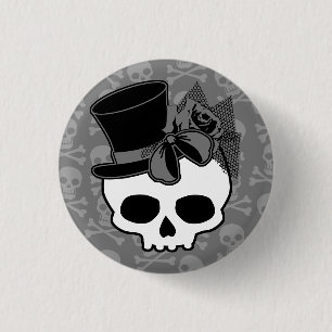 Cute Goth Skull With Top Hat Rose Bow 3 Cm Round Badge