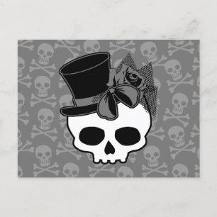 Cute Goth Skull With Top Hat Rose Bow Postcard