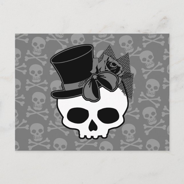 Cute Goth Skull With Top Hat Rose Bow Postcard (Front)