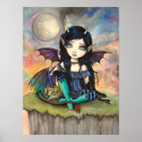 Cute Gothic Big-Eye Fairy and Dragon Fantasy Art