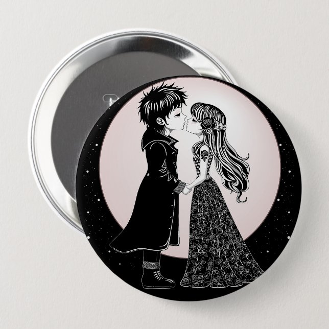 Cute Gothic Emo Kids Kiss Valentine's Day  10 Cm Round Badge (Front & Back)