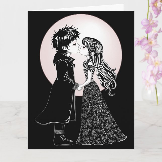 Cute Gothic Emo Kids Kiss Valentine's Day  Card (Orchid)