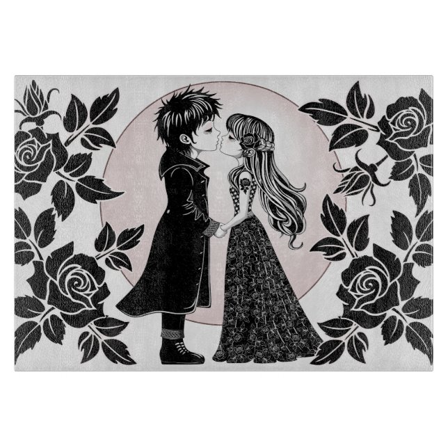 Cute Gothic Emo Kids Kiss Valentine's Day  Cutting Board (Front)