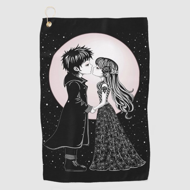Cute Gothic Emo Kids Kiss Valentine's Day  Golf Towel (Front)