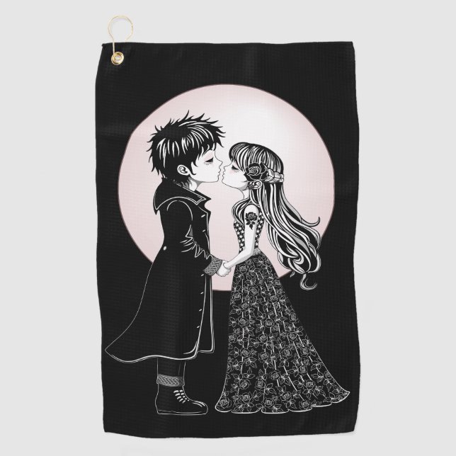 Cute Gothic Emo Kids Kiss Valentine's Day  Golf Towel (Front)