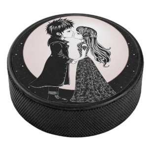 Cute Gothic Emo Kids Kiss Valentine's Day Hockey Puck