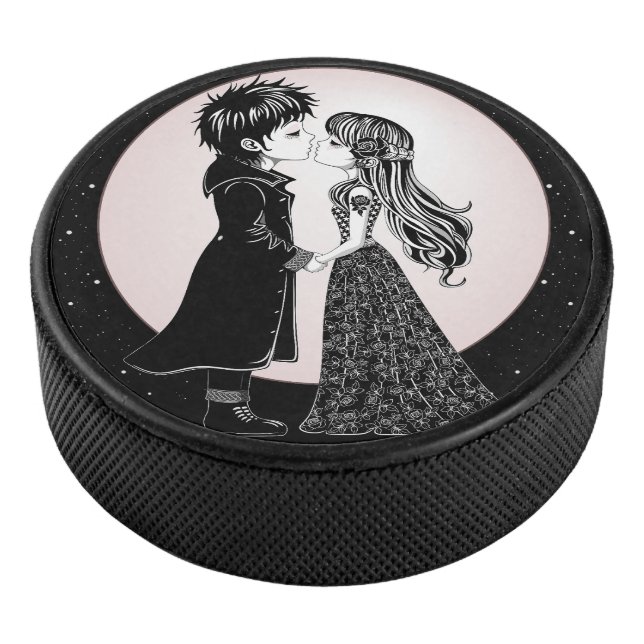 Cute Gothic Emo Kids Kiss Valentine's Day  Hockey Puck (3/4)