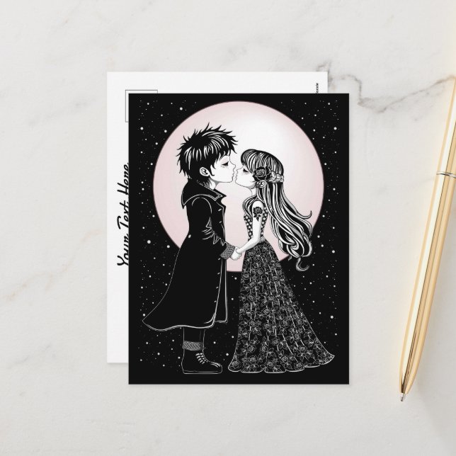 Cute Gothic Emo Kids Kiss Valentine's Day  Holiday Postcard (Front/Back In Situ)