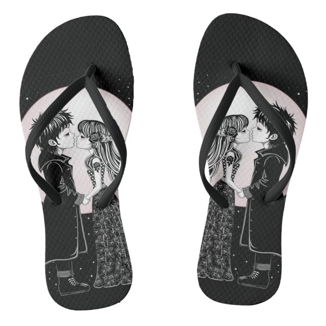 Cute Gothic Emo Kids Kiss Valentine's Day  Jandals (Footbed)