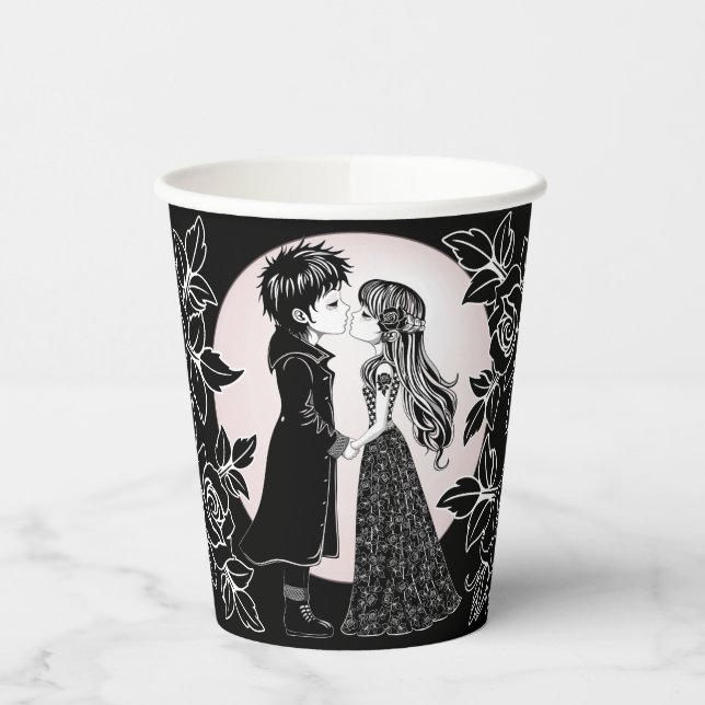 Cute Gothic Emo Kids Kiss Valentine's Day  Paper Cups (Left)