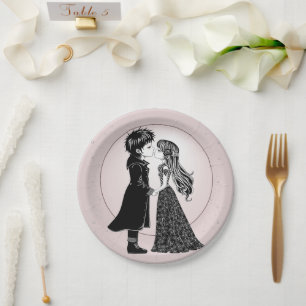 Cute Gothic Emo Kids Kiss Valentine's Day Paper Plate