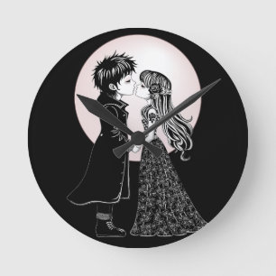 Cute Gothic Emo Kids Kiss Valentine's Day  Round Clock
