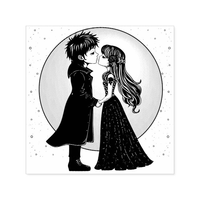 Cute Gothic Emo Kids Kiss Valentine's Day  Self-inking Stamp (Design)