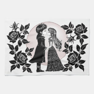Cute Gothic Emo Kids Kiss Valentine's Day Tea Towel