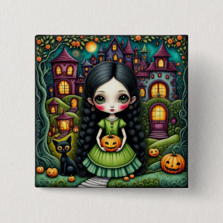 Cute Gothic Girl Pumpkin Halloween Village 15 Cm Square Badge