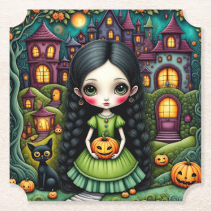 Cute Gothic Girl Pumpkin Halloween Village Paper Coaster