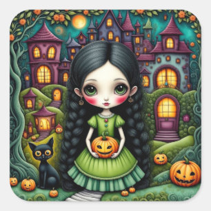 Cute Gothic Girl Pumpkin Halloween Village Square Sticker