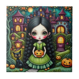 Cute Gothic Girl Pumpkin Halloween Village Tile