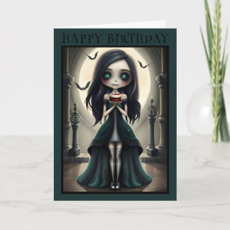 Cute gothic, goth girl Halloween birthday card