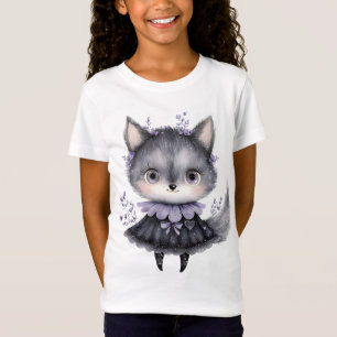 Cute Gothic Grey Fox Purple Floral Kids Halloween T-Shirt