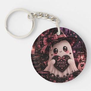 Cute Gothic Pink Ghost Halloween Spooky Hugs Dark Key Ring