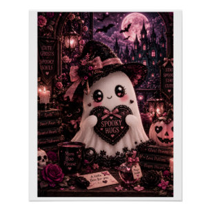 Cute Gothic Pink Ghost Halloween Spooky Hugs Dark Poster