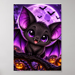 Cute Gothic Purple Bat Halloween Moon Poster