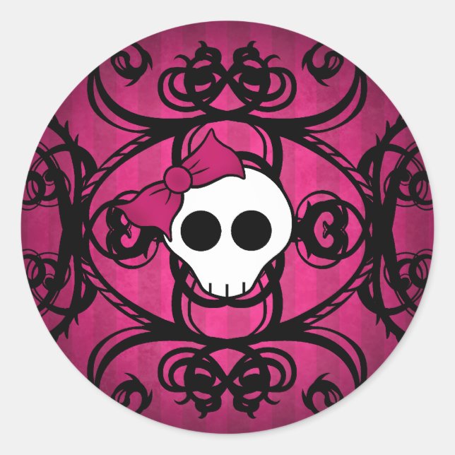 Cute gothic skull on fuschia and black classic round sticker (Front)