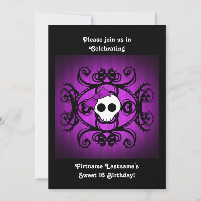 Cute gothic skull purple and black 5x7 sweet 16 invitation (Front)