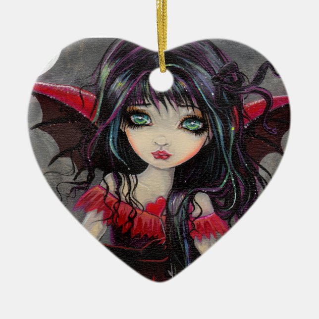 Cute Gothic Vampire Fairy Red Heart Ceramic Tree Decoration (Front)