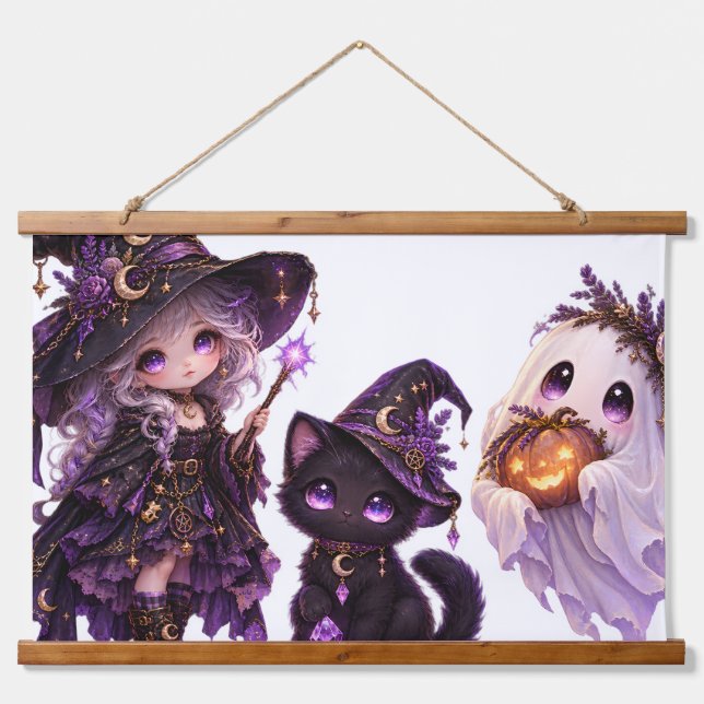 Cute Gothic Witch & Halloween Ghost Tapestry (Front)