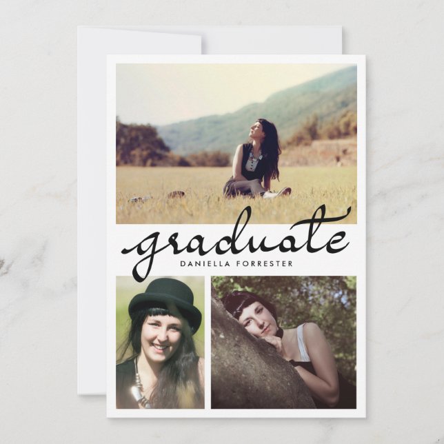 Cute Graduate Calligraphy Three Photos Invitation (Front)