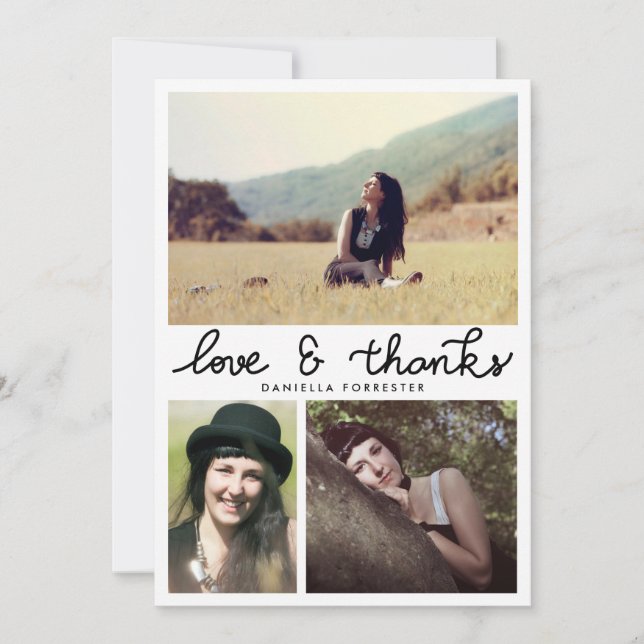 Cute Graduate Love And Thanks Script Three Photos Thank You Card (Front)