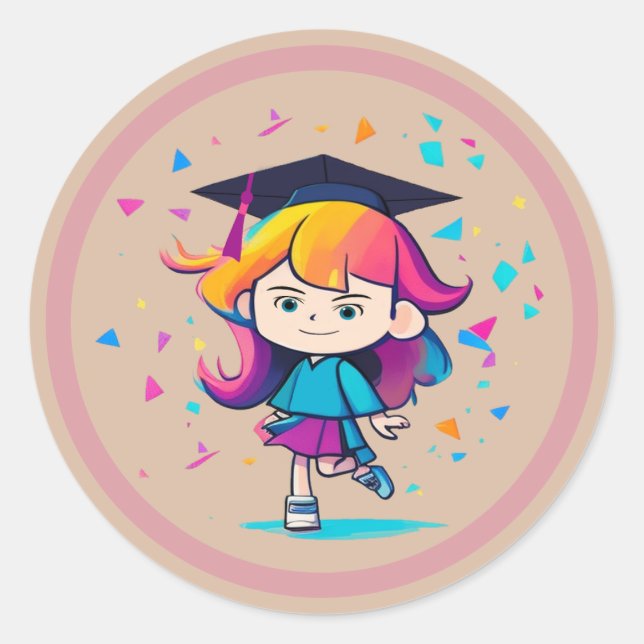 Cute Graduation Class 2025 Cartoon Girl Graduate Classic Round Sticker (Front)