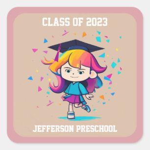 Cute Graduation Class 2026 Cartoon Girl Graduate Square Sticker